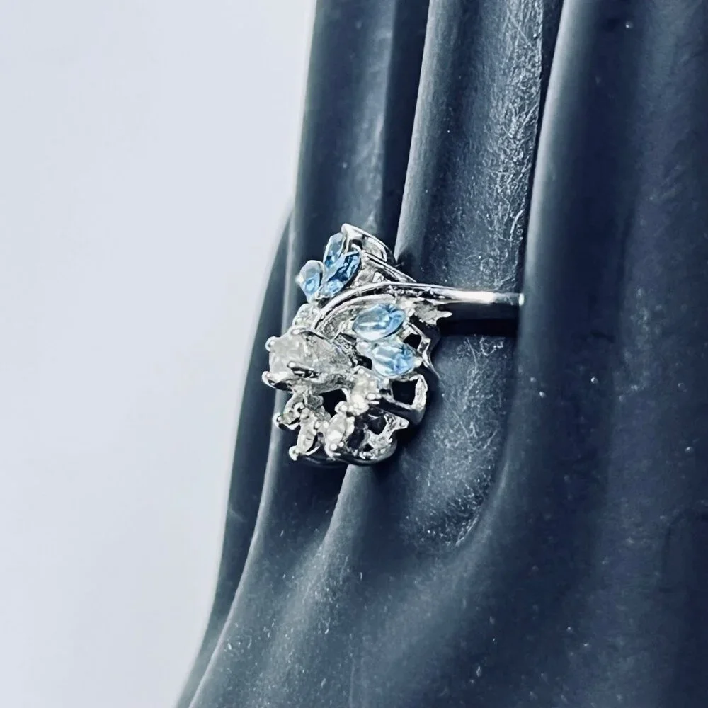 Vintage Silver Tone With Blue and Clear Rhinestone Statement Ring (R386) - Picture 4 of 7
